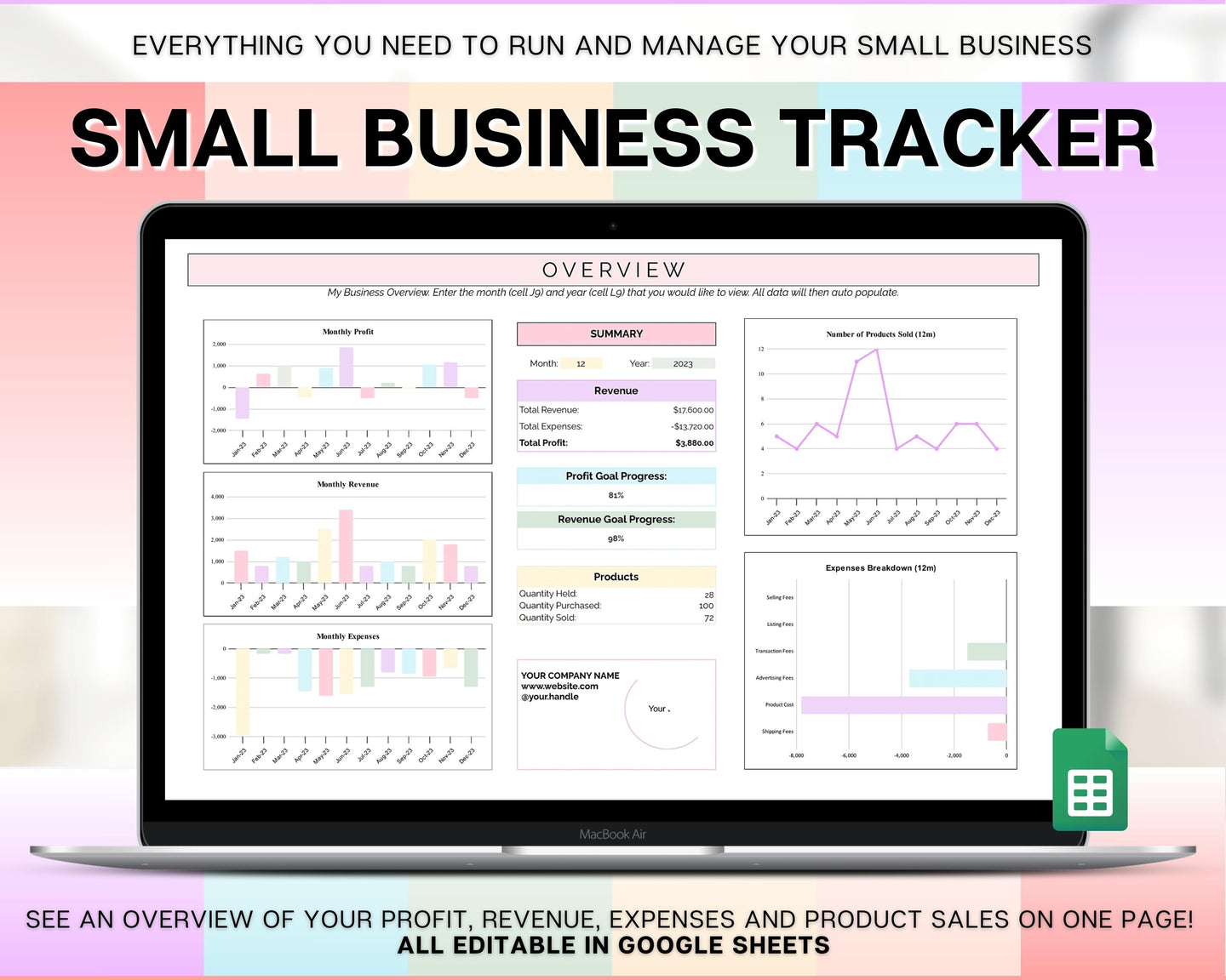 Small Business Bookkeeping Spreadsheet | Google Sheets Automated Business Expense Tracker & Product Invetory Tracker | Rainbow