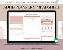 Load image into Gallery viewer, ADHD Planner Spreadsheet for Neurodivergent Adults | Google Sheets Daily & Weekly Planner, Symptom Tracker, Brain Dump & To Do Lists | Nude