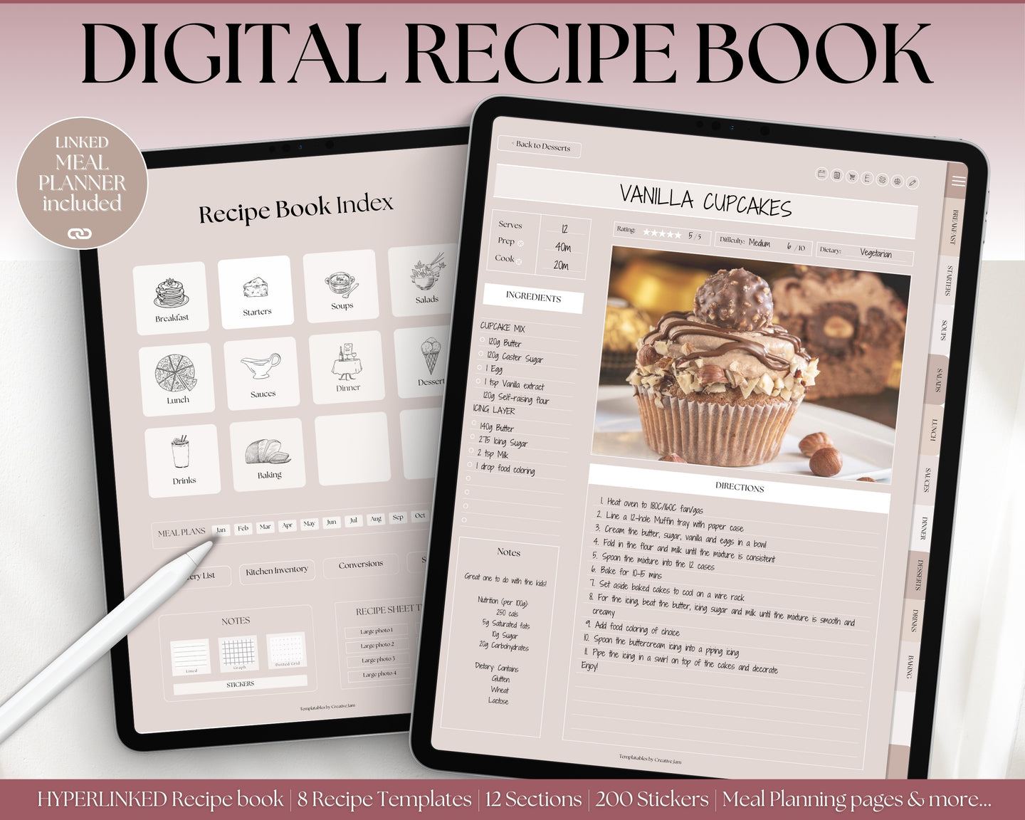Digital Recipe Book for GoodNotes | Digital Recipe Template, Meal Planner, Cookbook Template for the iPad | Luxury