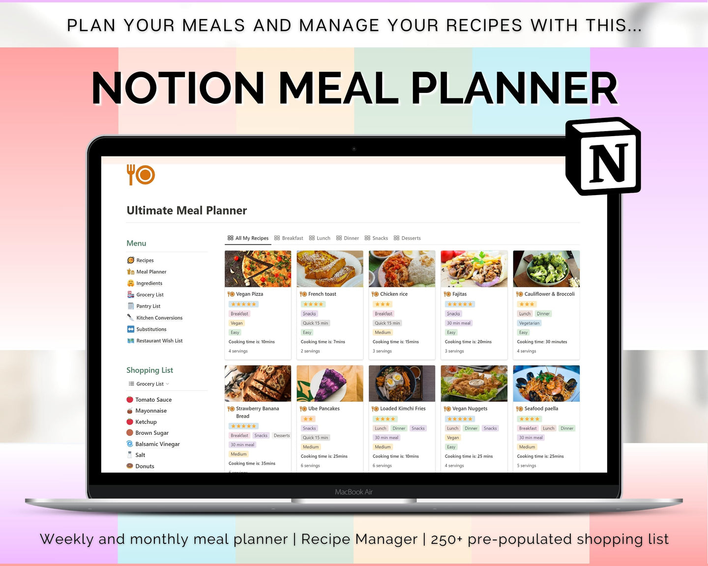 Meal Planner Notion Template | Digital Recipe Manager, Grocery List & Recipe Book