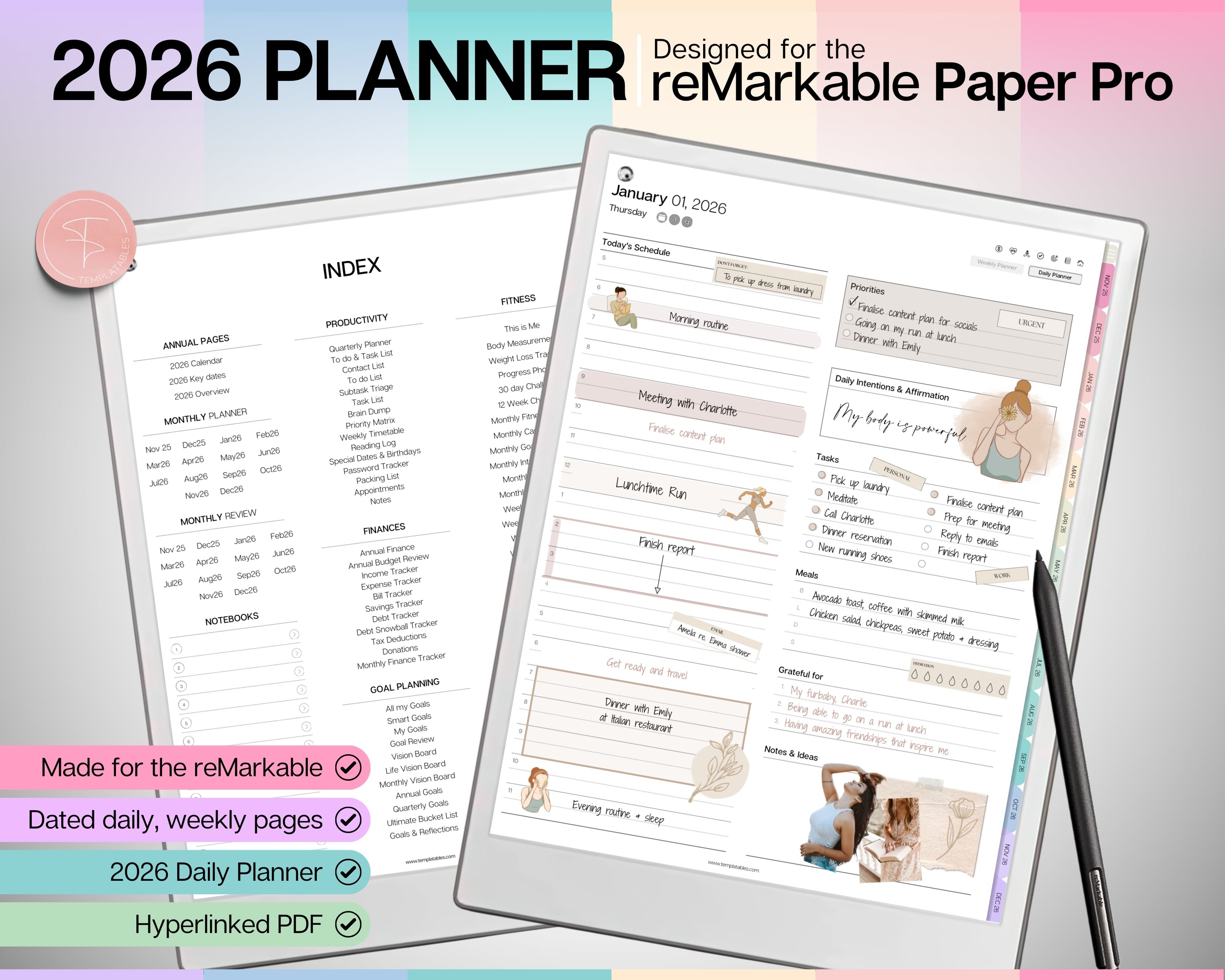 2026 Daily Planner for reMarkable Paper Pro (Colorful)