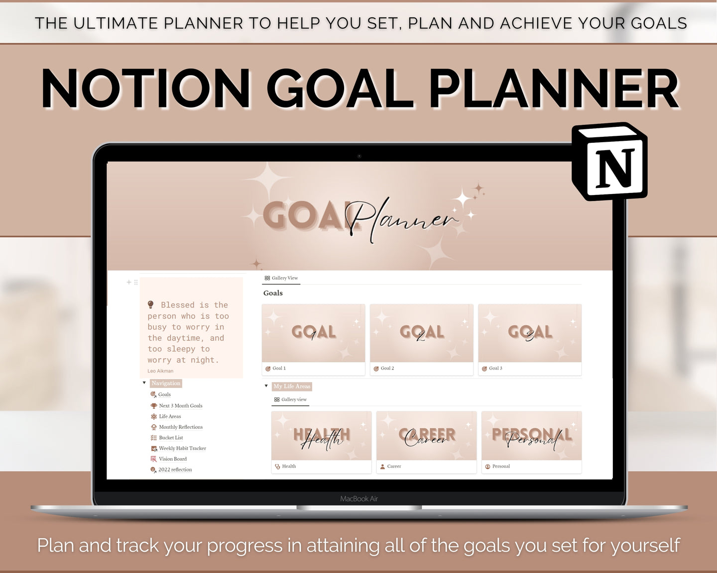 Notion Goal Planner for 2024 | Goals Tracker with SMART Goal Setting Template, Habits, Reflections, Vision Board, Aesthetic Dashboard & Goal Journal