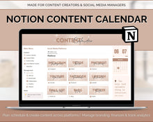 Load image into Gallery viewer, Social Media Planner &amp; Content Calendar Notion Template | Aesthetic Notion Dashboard for Content Creators
