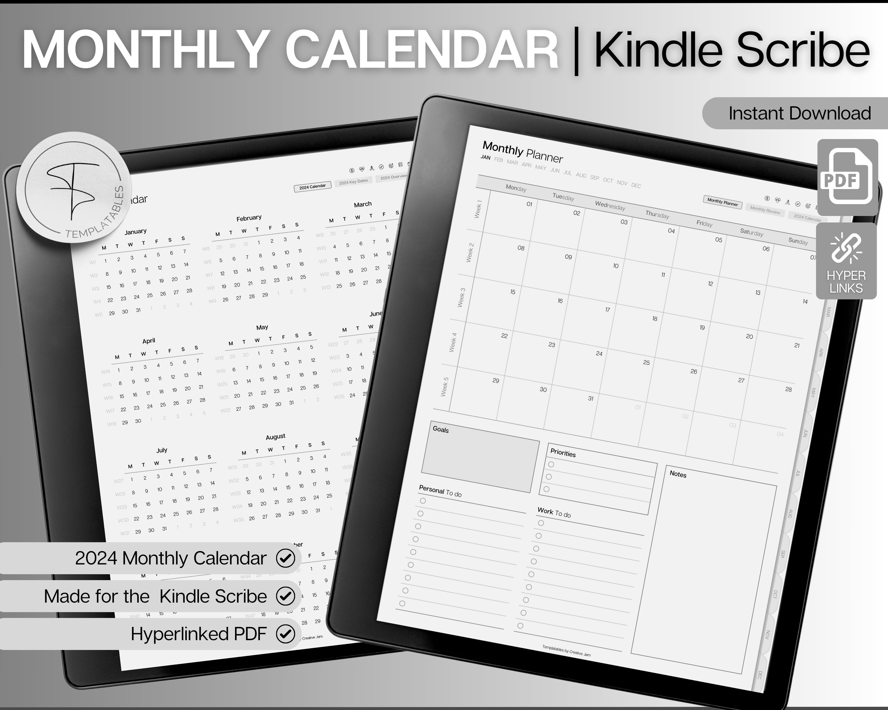 2024 Kindle Scribe Monthly Planner Hyperlinked Monthly Calendar 2024