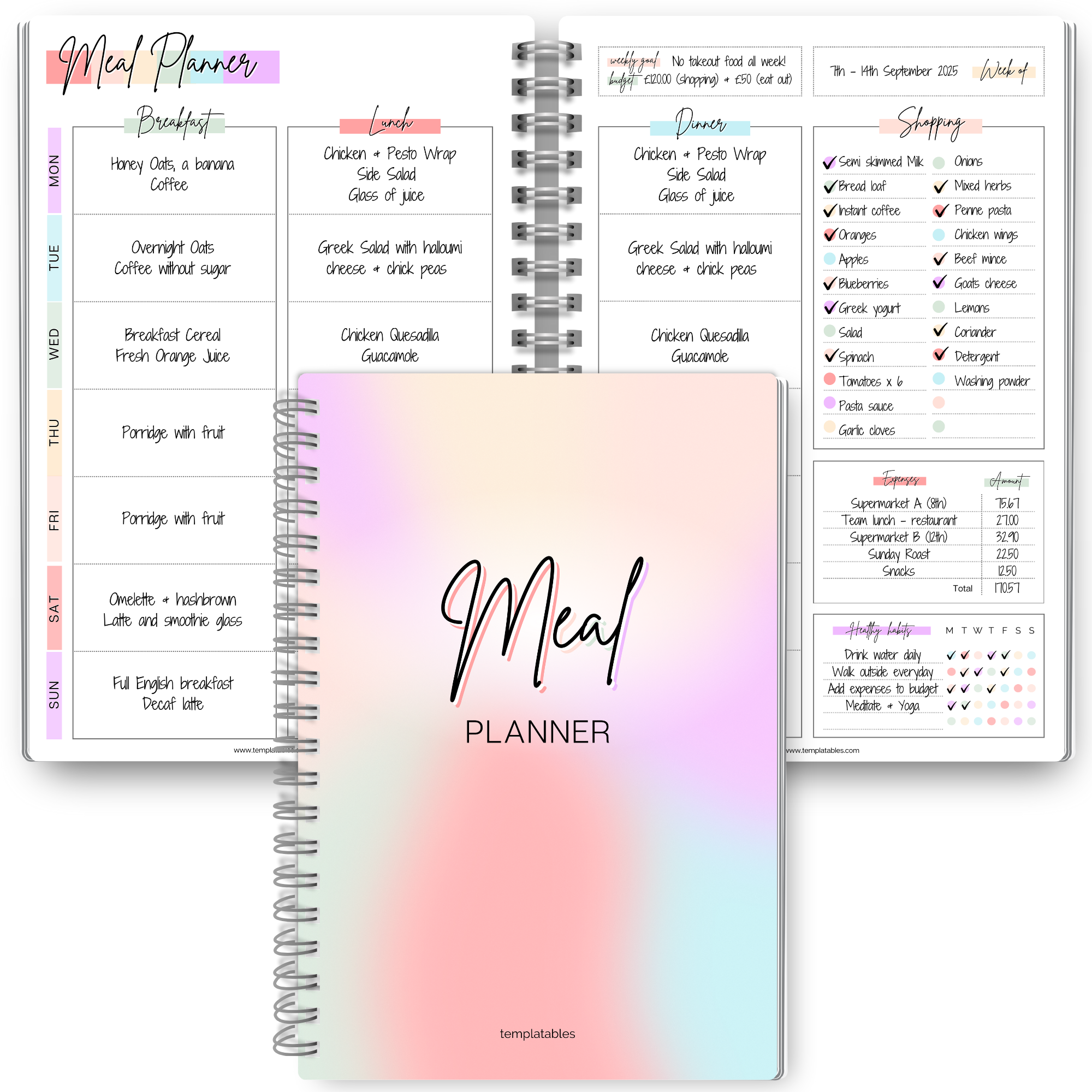 Weekly Meal Planner & Food Diary | Food Journal Tracker & Grocery List