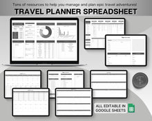 Load image into Gallery viewer, Digital Ultimate Travel Planner | Google Sheets Editable Travel Spreadsheet, Trip Expense Tracker, Packing List, Vacation Schedule | Mono