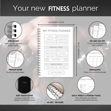 Load image into Gallery viewer, 90 Day Fitness & Workout Planner for Men | Gym Journal, Weight Loss Tracker, Meal Planner, Self Care Habit Tracker | A5 Mono