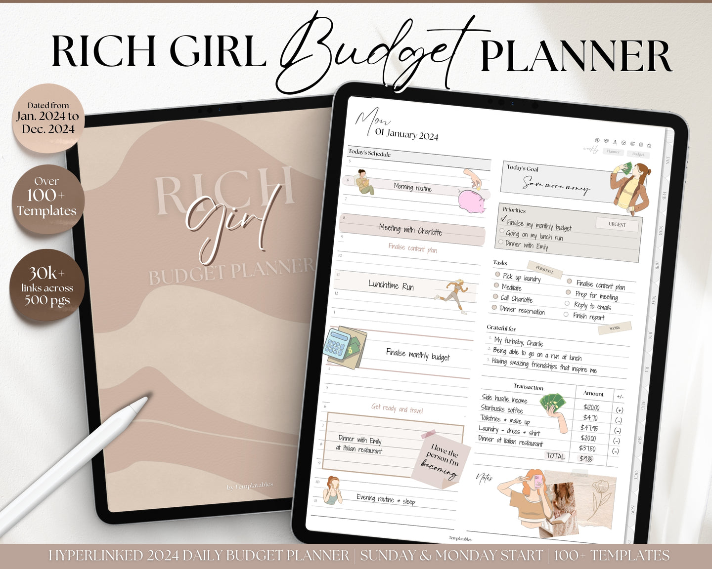 2024 RICH GIRL Digital Budget Planner | 2024 GoodNotes Planner & Daily Weekly Monthly Budget | For Expenses & Financial Spending Income Savings Debt | Mono