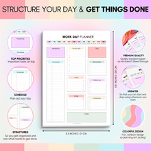 Load image into Gallery viewer, Work Day Planner Notepad | Daily Organizer to Structure Your Day, Boost Productivity, and Get Things Done | Undated and Premium 120gsm Paper | A4 Rainbow