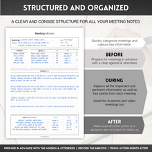 Load image into Gallery viewer, Meeting Minutes Note Taking Professional Notepad | Plan, Record and Track Actions, Agendas from all your Important Meetings Desk Pad | 50 Undated Tear Away Sheets | A4 Mono