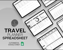 Load image into Gallery viewer, Digital Ultimate Travel Planner | Google Sheets Editable Travel Spreadsheet, Trip Expense Tracker, Packing List, Vacation Schedule | Mono