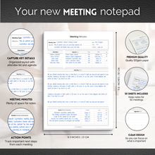 Load image into Gallery viewer, Meeting Minutes Notepad, A4 Professional Meeting Notes Desk Pad for Agendas, Attendees, Action Points, Decisions & Follow Ups