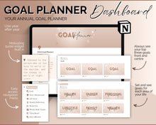 Load image into Gallery viewer, Notion Goal Planner for 2024 | Goals Tracker with SMART Goal Setting Template, Habits, Reflections, Vision Board, Aesthetic Dashboard & Goal Journal