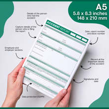 Load image into Gallery viewer, Accident Report Desk Pad – 50 Page GDPR Compliant Workplace Accident Book | Health & Safety Incident Reporting Pad | A5