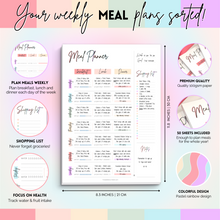 Load image into Gallery viewer, Weekly Meal Planner Notepad, Food Diary, Meal Diet Desk Pad & Nutrition Tracker Note Pad, Grocery List | 50 Undated Tear Away A4 Pages