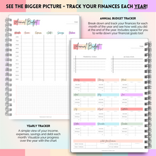 Load image into Gallery viewer, Budget Planner & Monthly Bill Organizer | Finance Budget Planner, Financial Savings, Debt, Income, Expenses, Spending & Bill Trackers | A5 Pastel Rainbow