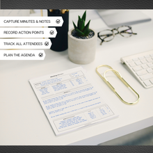 Load image into Gallery viewer, Meeting Minutes Note Taking Professional Notepad | Plan, Record and Track Actions, Agendas from all your Important Meetings Desk Pad | 50 Undated Tear Away Sheets | A4 Mono
