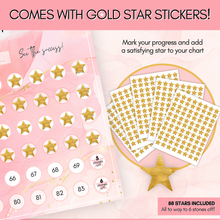 Load image into Gallery viewer, Weight Loss Progress Chart Poster with 88 Gold Star Stickers – A4 Size | Pastel Pink Watercolour Design | Thick 450gsm Card | Track Every Pound Lost | Wall Chart for Slimming Motivation (Pink)