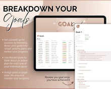 Load image into Gallery viewer, Notion Goal Planner for 2024 | Goals Tracker with SMART Goal Setting Template, Habits, Reflections, Vision Board, Aesthetic Dashboard & Goal Journal