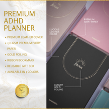 Load image into Gallery viewer, ADHD Daily Planner for Neurodivergent Adults – Premium Leather Productivity & Task Management Planner with Guided Focus Pages, 170gsm Paper, Gold Foiling & Gift Box – Undated | A5