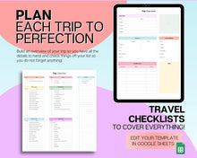 Load image into Gallery viewer, Digital Ultimate Travel Planner | Google Sheets Editable Travel Spreadsheet, Trip Expense Tracker, Packing List, Vacation Schedule | Rainbow