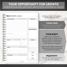 Load image into Gallery viewer, Mental Health Journal for Men | Daily Gratitude, Self Care, Intentions, Affirmations and Nutrition | A5 Mono