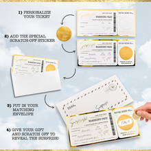 Load image into Gallery viewer, GOLD Scratch & Reveal Travel Ticket - Personalized Surprise Boarding Pass Gift with ENVELOPE | Golden Ticket, Unique Flight Travel Gift for Anniversary, Birthday, Valentines & Christmas Holidays