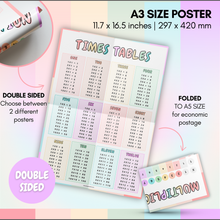 Load image into Gallery viewer, Multiplication Table Wall Poster for Kids – Double-Sided A3 Chart (1-12 Times Tables) – Colorful Educational Math Poster – Thick Quality Paper - Folded to A5 for Easy Posting