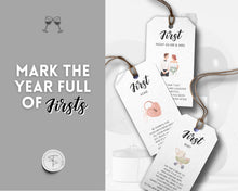Load image into Gallery viewer, Marriage Milestone Wine Basket Tags | Printable Wine Bottle Gift Tag Labels for Newlyweds and Bridal Showers