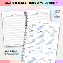 Load image into Gallery viewer, Meeting Minutes Note Taking Professional Notebook | Plan, Record and Track Actions from all your Important Meetings | A5 Pastel Rainbow