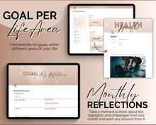 Load image into Gallery viewer, Notion Goal Planner for 2024 | Goals Tracker with SMART Goal Setting Template, Habits, Reflections, Vision Board, Aesthetic Dashboard & Goal Journal