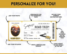Load image into Gallery viewer, Road Trip Ticket Template | EDITABLE Suprise Road Trip Ticket Invitation | Gold
