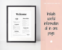 Load image into Gallery viewer, 1 Page Airbnb Welcome Poster Template, Wifi Password Sign Printable, Welcome Book, House Rules, Host, Vacation Rental, Check Out Instruction | Bold