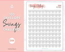 Load image into Gallery viewer, 10k Envelope Challenge, 10000 Savings Tracker Printable, 100 Envelopes Save, Budget Cash Envelope, 100 day challenge, Money Saving Finance | Pink Scrawl