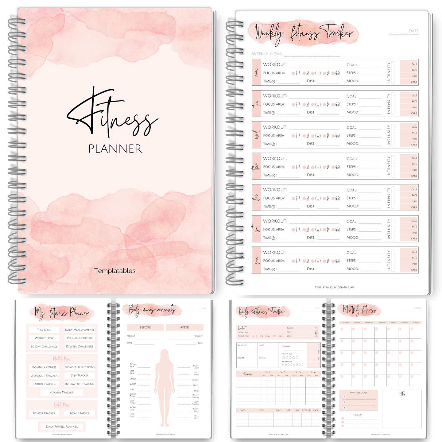 90 Day Fitness & Workout Planner for Women | Gym Journal, Weight Loss Tracker, Meal Planner, Self Care Habit Tracker | A5 Pink Watercolor