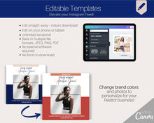 Load image into Gallery viewer, 130 REALTOR Instagram Templates. Editable Real Estate Canva Template Pack. Instagram Square Posts & Stories. Social Media Marketing Graphics