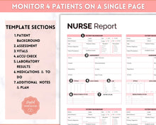 Load image into Gallery viewer, 4 Patient Nurse Report Sheet to Organize your Shifts | Nurse Brain Sheet, ICU Nurse Report Patient Assessment Template | Pink