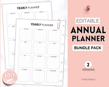Load image into Gallery viewer, Editable Yearly Planner 2023 | Year at a Glance, Undated Annual To Do List, 12 Month Year in Review Calendar | Mono