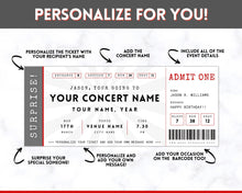 Load image into Gallery viewer, EDITABLE Concert Ticket Template | Surprise Birthday, Anniversary Gift for Musical Events & Theatre Shows | No Photo