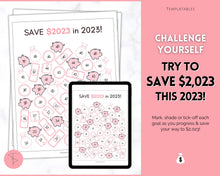 Load image into Gallery viewer, Save 2023 in 2023 Savings Tracker | 2k Savings Challenge Printable | Pink