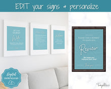 Load image into Gallery viewer, 15 Airbnb Posters! Editable Template Bundle, Wifi password Sign, Welcome Book, House Rules, Airbnb Host, Vacation Rental, Check Out Signage | Blue