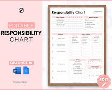 Load image into Gallery viewer, EDITABLE Responsibility Chart | Family Chore Chart, Weekly Adult Routine & Reward Chart for Kids | Pink