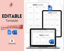Load image into Gallery viewer, Editable Yearly Planner 2023 | Year at a Glance, Undated Annual To Do List, 12 Month Year in Review Calendar | Mono