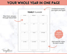 Load image into Gallery viewer, Editable Yearly Planner 2023 | Year at a Glance, Undated Annual To Do List, 12 Month Year in Review Calendar | Mono
