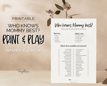 Load image into Gallery viewer, Who knows Mommy Best? Baby Shower Games Printable | Trivia Activity for Woodland, Boho, Neutral Theme Baby Showers