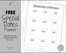 Load image into Gallery viewer, FREE - Special Dates Planner Printable, Annual Calendar, Birthday & Anniversary Reminders, Undated | Mono