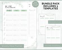 Load image into Gallery viewer, Weekly Meal Planner Printable | Food Diary, Meal Tracker, Food Journal with BONUS Grocery List | Green Eucalyptus