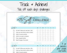 Load image into Gallery viewer, EDITABLE 75 SOFT Challenge Tracker | 75soft Printable Challenge, Fitness & Health Planner | Blue Watercolor