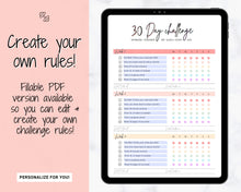 Load image into Gallery viewer, 30 Day Habit Tracker Printable | EDITABLE 30 Day Self Care Fitness Challenge | Pastel Rainbow