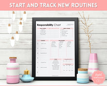 Load image into Gallery viewer, EDITABLE Responsibility Chart | Family Chore Chart, Weekly Adult Routine & Reward Chart for Kids | Pink